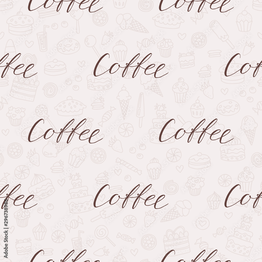 Seamless coffee pattern. Hand drawn ornament of word Coffee on background of outlined sweets. Vector 8 EPS. Seamless coffee pattern. Hand drawn ornament of word Coffee on background of outlined sweets. Vector 8 EPS.