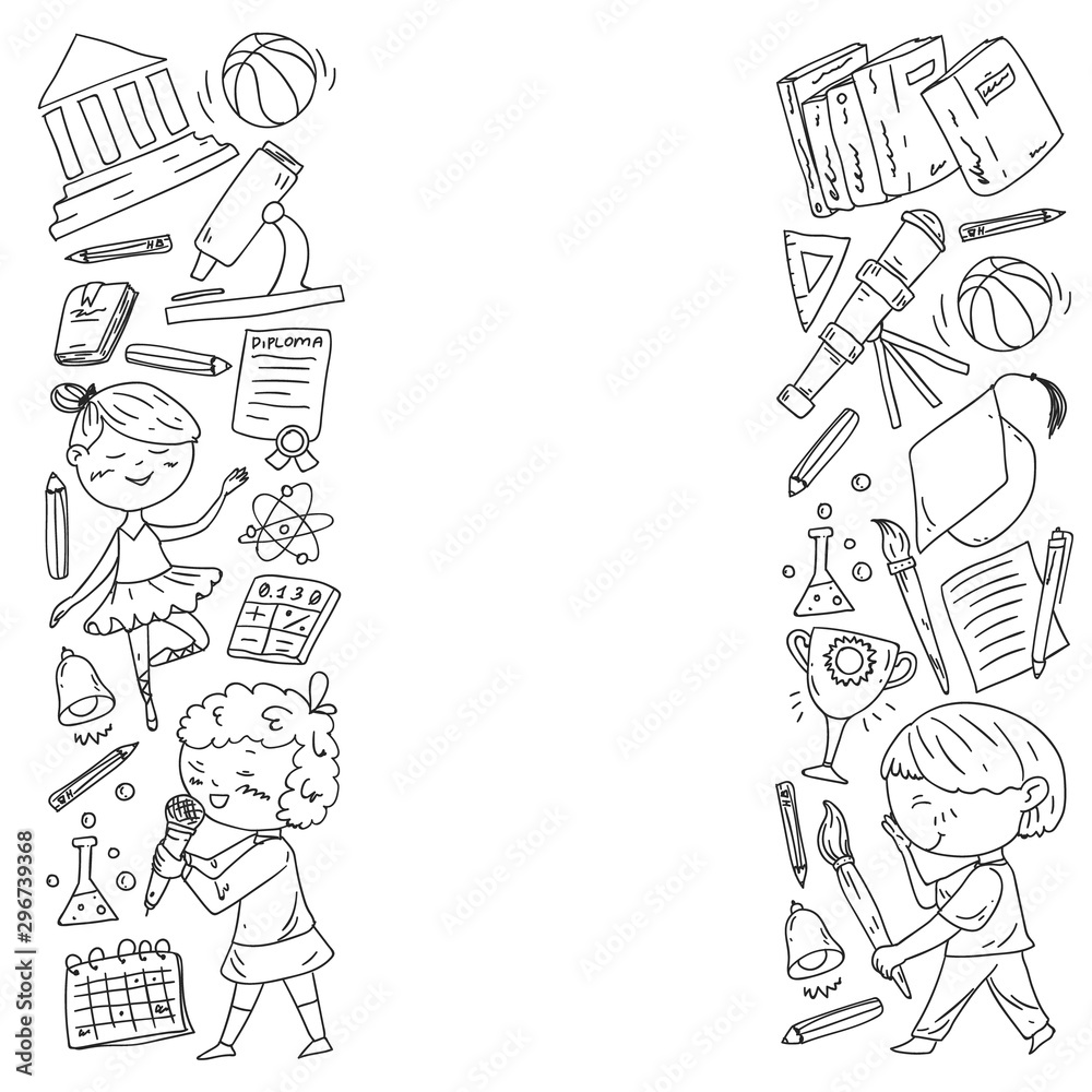 Cute school children. Imagination and creativity. Play and learn, singing, dancing, reading, drawing. Cute school children. Imagination and creativity. Play and learn, singing, dancing, reading, drawing.