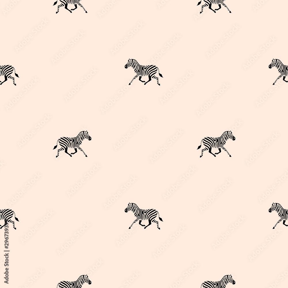 Fototapeta premium Seamless pattern with silhouettes of running zebras on light brown background. Vector 8 eps