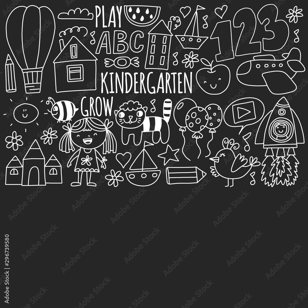 Vector pattern for kindergarten banners, posters with moon, planet, spaceship, rocket, sun, fruits, house, flowers. Creativity and imagination. Vector pattern for kindergarten banners, posters with moon, planet, spaceship, rocket, sun, fruits, house, flowers. Creativity and imagination.