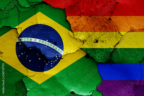flags of Brazil and LGBT painted on cracked wall