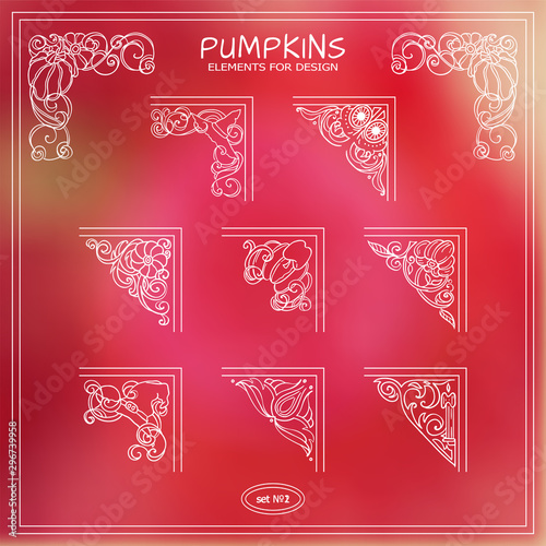 Pumpkins, Halloween, autumn signs and symbols. Hand drawn corners collection