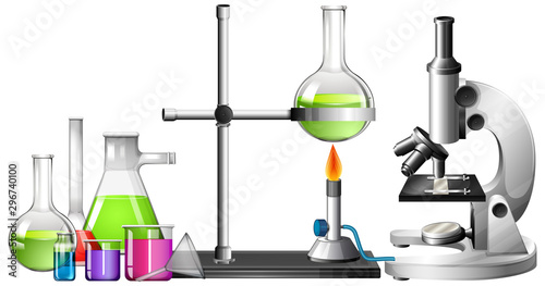 Set of science equipments on white background