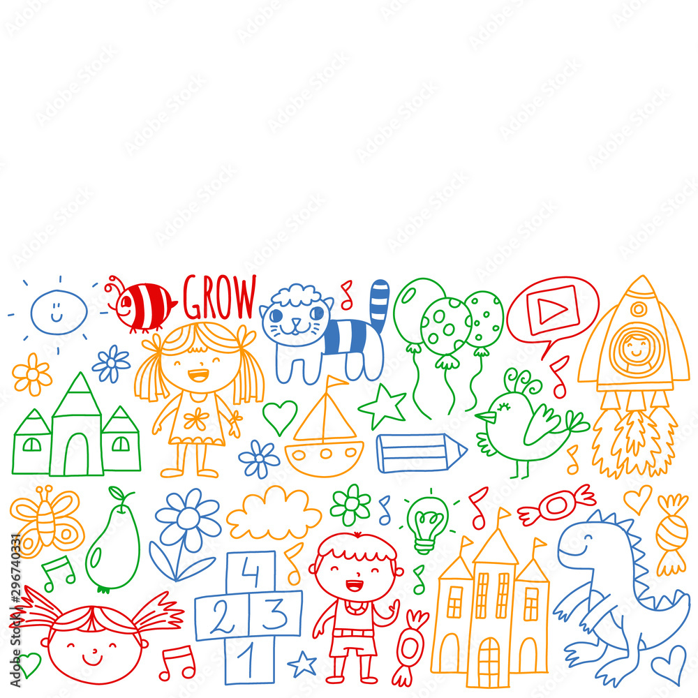 Vector pattern for kindergarten banners, posters with moon, planet, spaceship, rocket, sun, fruits, house, flowers. Creativity and imagination. Vector pattern for kindergarten banners, posters with moon, planet, spaceship, rocket, sun, fruits, house, flowers. Creativity and imagination.