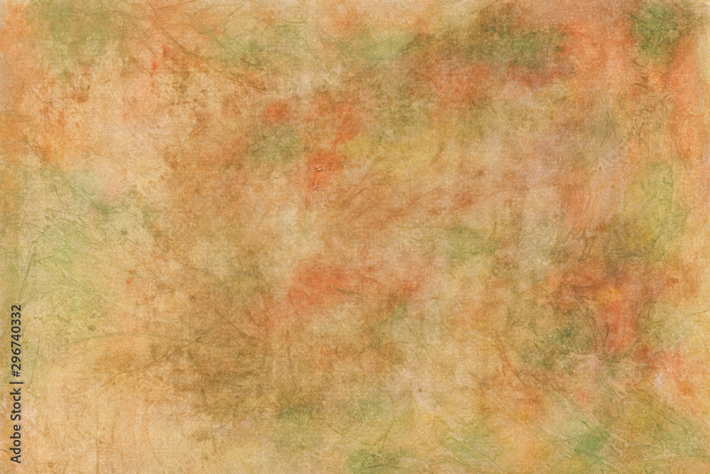 Hand-painted watercolor background. Colorful painting with scratches, scuffs, spots, stains, color gradients. Color scheme-orange, green, yellow