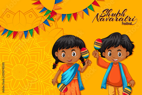 Navaratri poster design with children holding maracas
