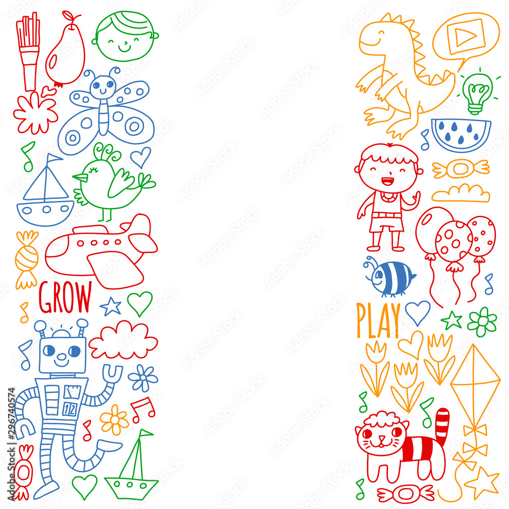 Vector pattern for kindergarten banners, posters with moon, planet, spaceship, rocket, sun, fruits, house, flowers. Creativity and imagination. Vector pattern for kindergarten banners, posters with moon, planet, spaceship, rocket, sun, fruits, house, flowers. Creativity and imagination.