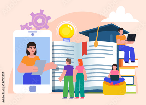 Online education from mobile phone. Online lessons, courses, webinar. Students stand near big phone, books. Flat design vector illustration