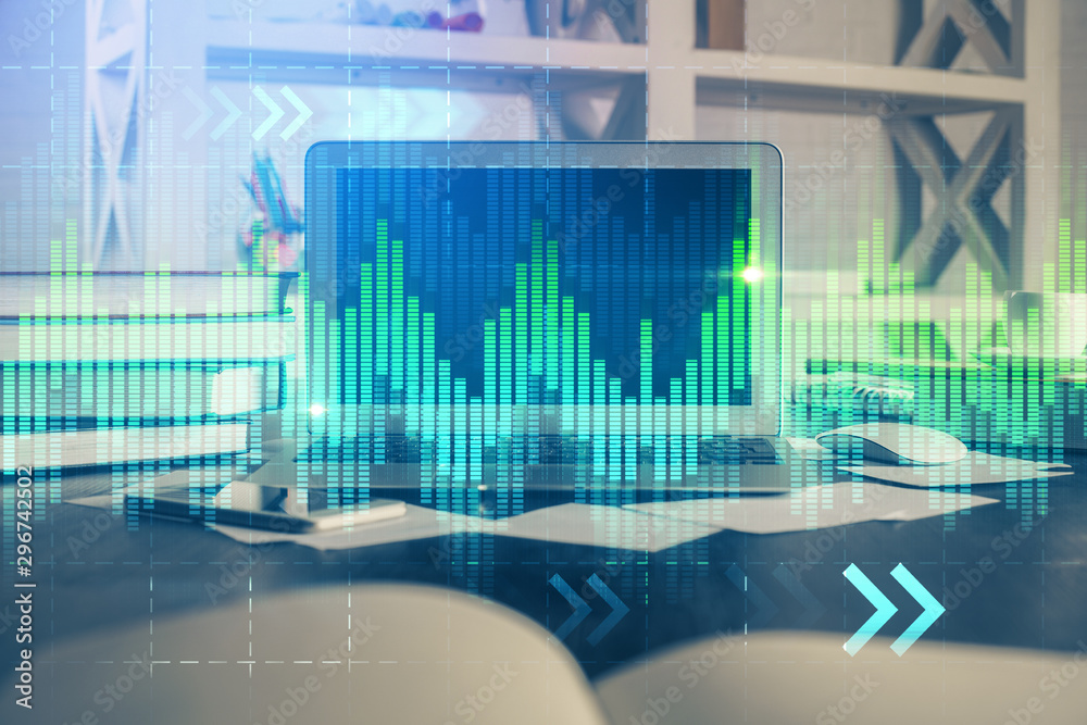 Double exposure of graph and financial info and work space with computer background. Concept of international online trading. Double exposure of graph and financial info and work space with computer background. Concept of international online trading.