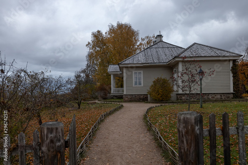 Village Pushkin mountains. Manor Mikhailovskoye in October. Path to the estate of Pushkin's parents in Mikhailovskoye village, Pskov region, Russia