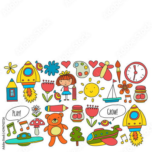 Vector pattern with little children. Kindergarten, play and grow together. Icons of toys and kids in doodle style