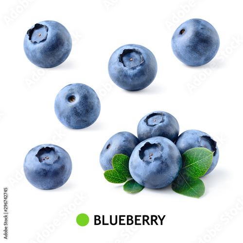 Blueberry. Blueberries isolated. Blueberry on white. Blueberries with leaves. Bilberry.