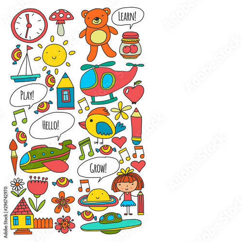 Vector pattern with little children. Kindergarten  play and grow together. Icons of toys and kids in doodle style