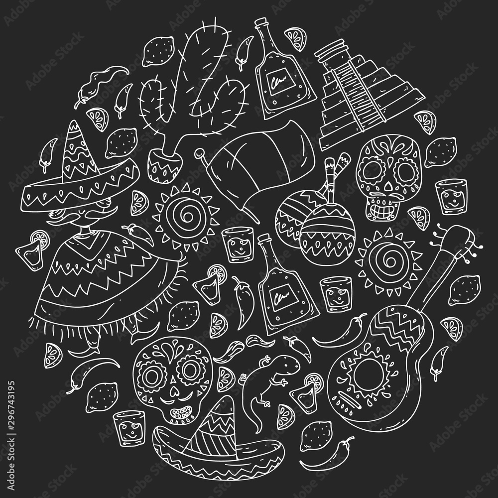 Travel to Mexico. Vector set with ethnic elemets for wallpapers, backgrounds. Day of the Dead Travel to Mexico. Vector set with ethnic elemets for wallpapers, backgrounds. Day of the Dead