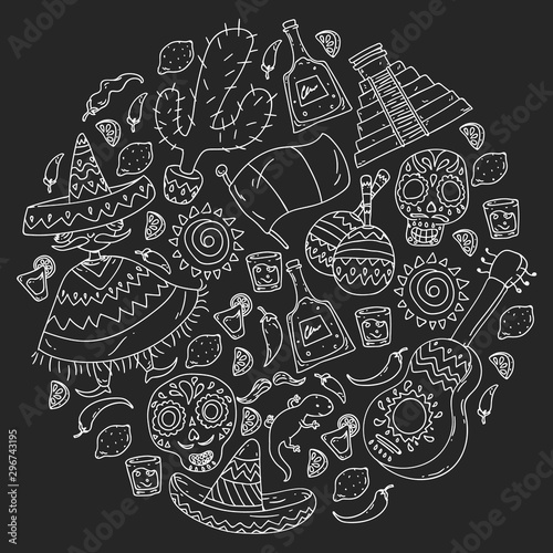 Travel to Mexico. Vector set with ethnic elemets for wallpapers, backgrounds. Day of the Dead