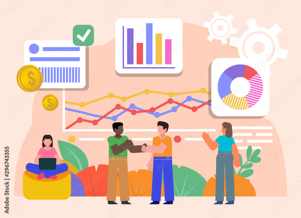 Graph, chart, financial report analysis. Group of people stand near various graphs. Poster for social media, web page, banner, presentation. Flat design vector illustration