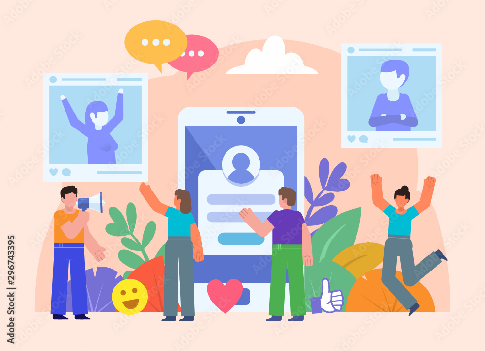 Social media generation. Group of people stand near big phone. Share, like, comment photos. Flat design vector illustration