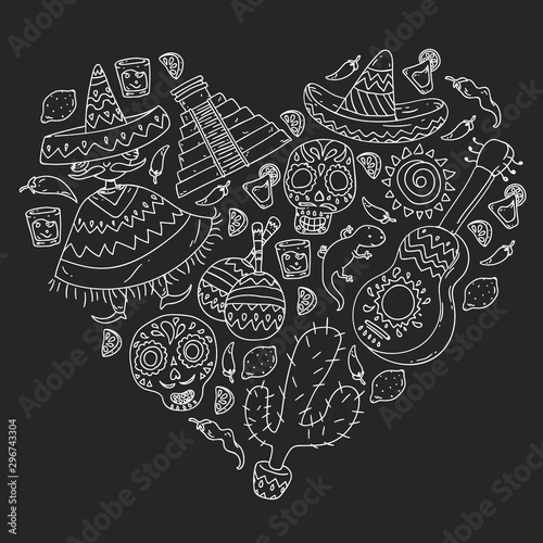 Travel to Mexico. Vector set with ethnic elemets for wallpapers, backgrounds. Day of the Dead