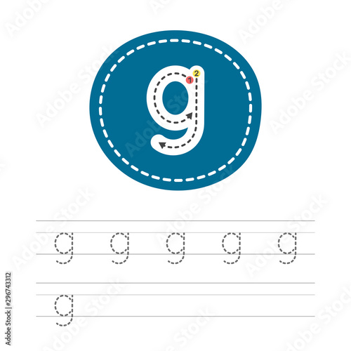 Learning to write a small letter - G. A practical sheet from a set of exercises for the development and education of children. Spelling a letter from the English alphabet. Vector illustration.