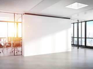Blank white wall in concrete office with large windows Mockup 3D rendering