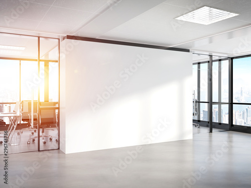 Blank white wall in concrete office with large windows Mockup 3D rendering photo