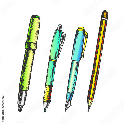 Pen, Pencil And Felt-tip Marker Retro Color Vector. Pen Collection For Writing And Drawing School Equipment. Engraving Concept Template Hand Drawn In Vintage Style Illustrations