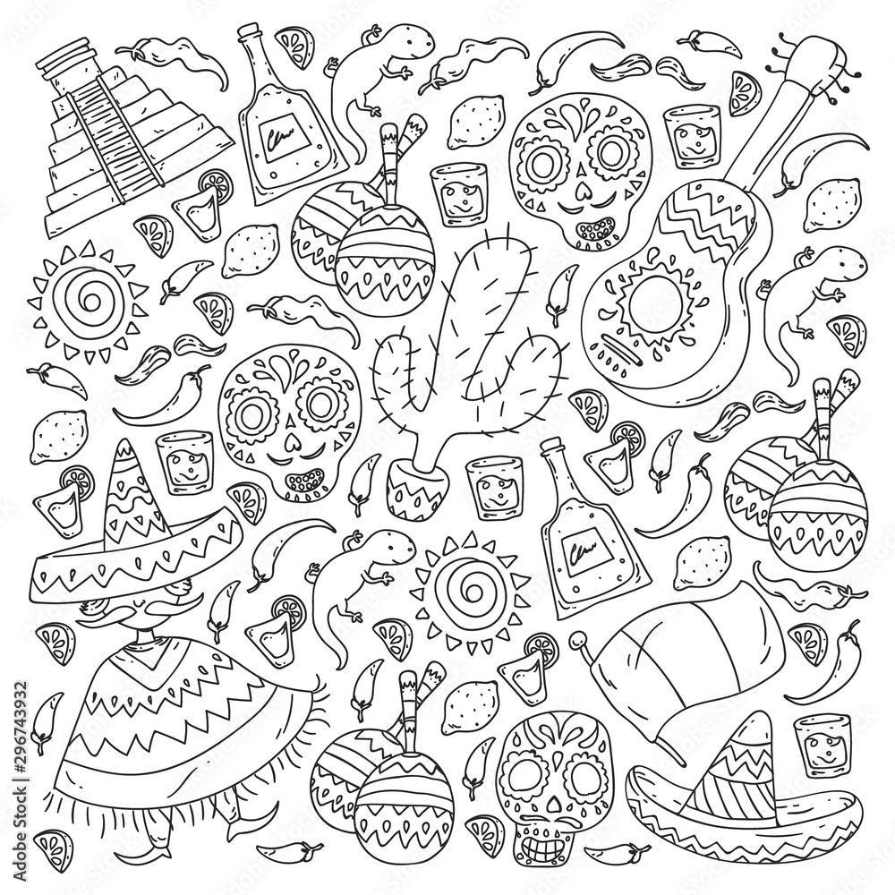 Travel to Mexico. Vector set with ethnic elemets for wallpapers, backgrounds. Day of the Dead