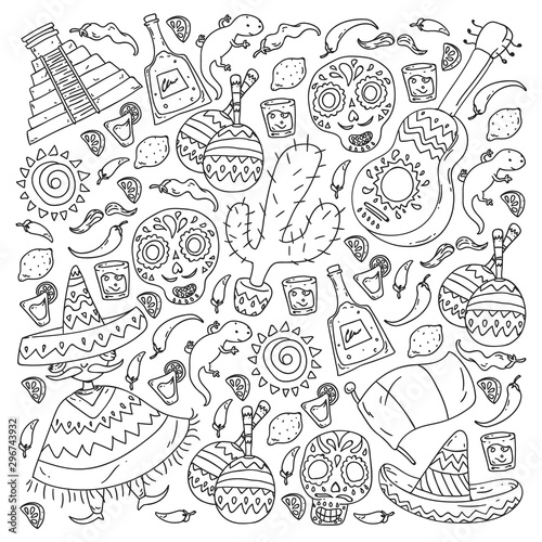 Travel to Mexico. Vector set with ethnic elemets for wallpapers, backgrounds. Day of the Dead