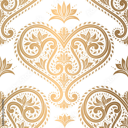Gold and white seamless floral pattern with decorative hearts. Vintage vector background template, luxury flourish elements. Great for fabric, wallpaper, decoration, packaging or any esired idea.