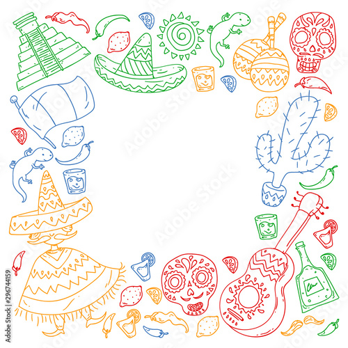 Travel to Mexico. Vector set with ethnic elemets for wallpapers, backgrounds. Day of the Dead