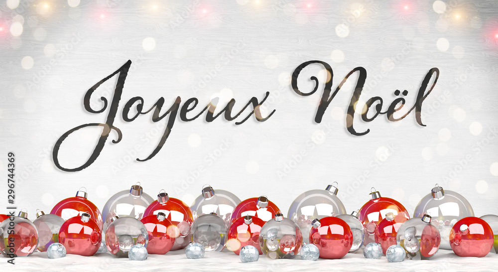 Christmas card greetings with red and silver christmas baubles 3D rendering in French Christmas card greetings with red and silver christmas baubles 3D rendering in French