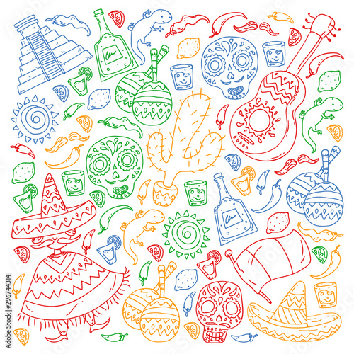 Travel to Mexico. Vector set with ethnic elemets for wallpapers, backgrounds. Day of the Dead