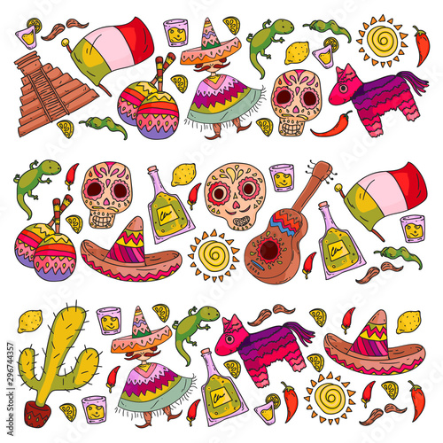 Travel to Mexico. Vector set with ethnic elemets for wallpapers, backgrounds. Day of the Dead