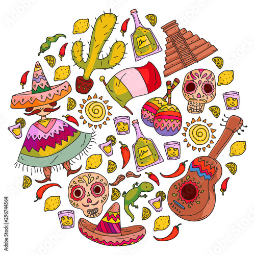 Travel to Mexico. Vector set with ethnic elemets for wallpapers, backgrounds. Day of the Dead