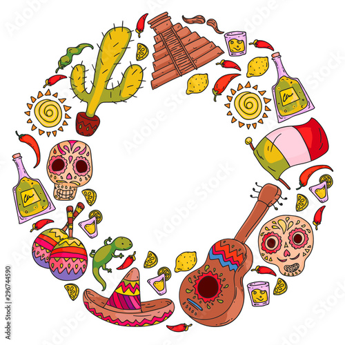 Travel to Mexico. Vector set with ethnic elemets for wallpapers, backgrounds. Day of the Dead