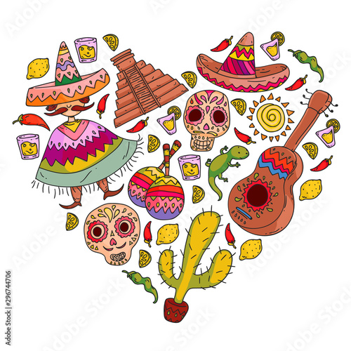 Travel to Mexico. Vector set with ethnic elemets for wallpapers, backgrounds. Day of the Dead