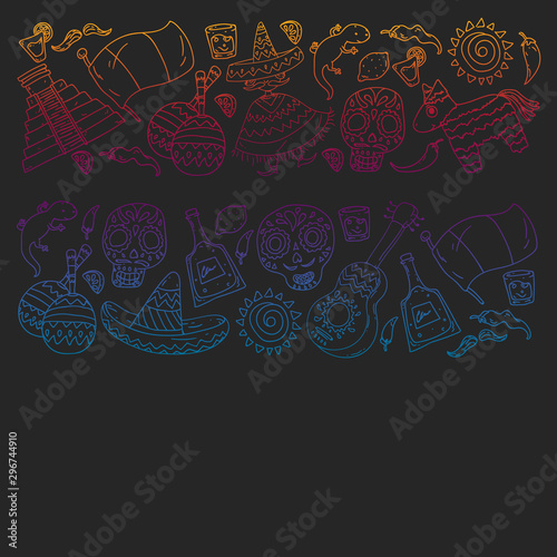 Travel to Mexico. Vector set with ethnic elemets for wallpapers, backgrounds. Day of the Dead