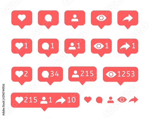 Like comment, user view, follower repost. Social media icons Vector notification. Bubble message Flat interface notice