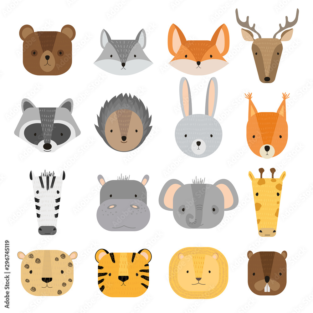 Vector set of cute forest and jungle animals. Wild cartoon animals:  raccoon, deer, squirrel, hedgehog, hare, bear, fox, beaver, wolf, lion,  cheetah, tiger, zebra, elephant, hippo, giraffe. Stock Vector | Adobe Stock