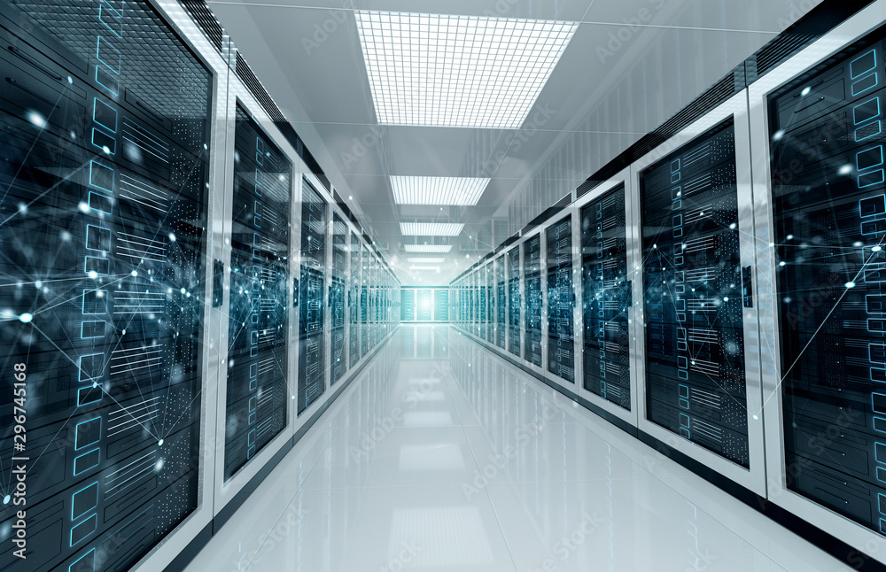 Connection network in servers data center room storage systems 3D rendering Connection network in servers data center room storage systems 3D rendering