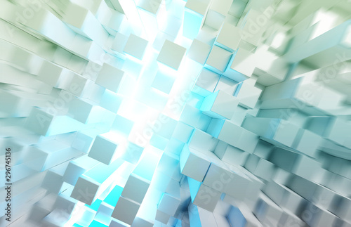 Glowing white and blue squares background pattern 3D rendering