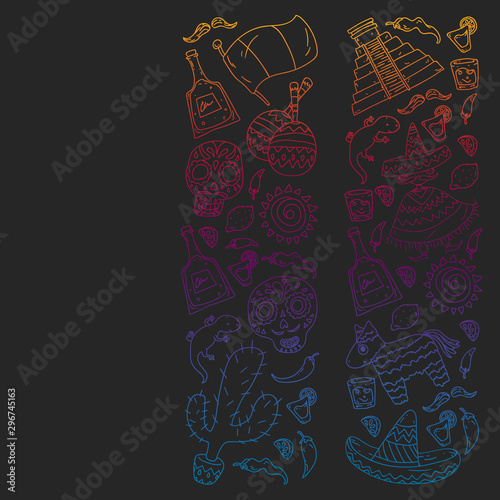 Travel to Mexico. Vector set with ethnic elemets for wallpapers, backgrounds. Day of the Dead