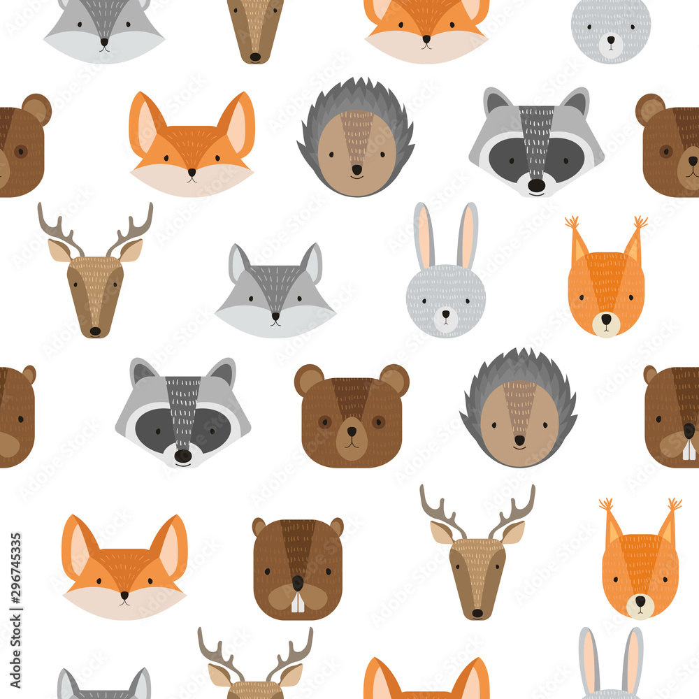 Seamless pattern with vector cute forest animals. Wild woods characters: raccoon, deer, squirrel, hedgehog, hare, bear, beaver, fox and wolf. Cartoon illustration for children.
