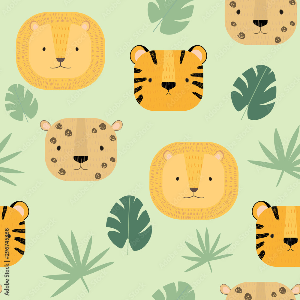Seamless pattern with vector cute animals. Jungle and savanna animals: tiger, cheetah, lion. Cartoon illustration for children.