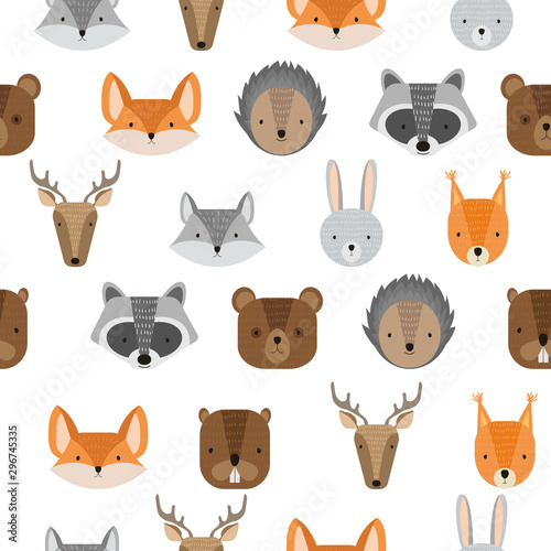 Fototapeta Naklejka Na Ścianę i Meble -  Seamless pattern with vector cute forest animals. Wild woods characters: raccoon, deer, squirrel, hedgehog, hare, bear, beaver, fox and wolf. Cartoon illustration for children.