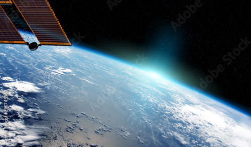 Fototapeta Naklejka Na Ścianę i Meble -  View of planet Earth from a space station window during a sunrise 3D rendering elements of this image furnished by NASA