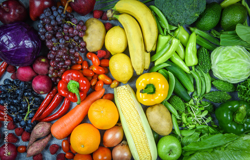 Fototapeta Naklejka Na Ścianę i Meble -  Assorted fresh ripe fruit red yellow purple and green vegetables mixed selection various / vegetables and fruits background healthy food clean eating for heart life cholesterol diet health