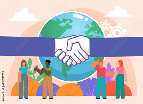 Worldwide online business deal, agreement, partnership. Group of people stand near big earth globe, big hands handshake. Flat design vector illustration