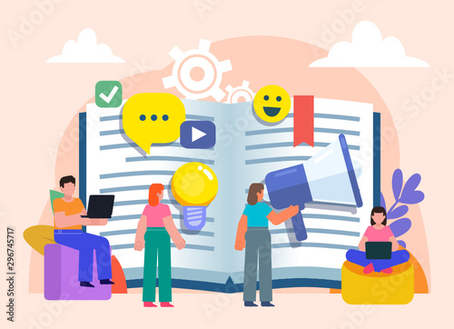 Online video blog, to keep diary concept. Group of people stand near big exercise book, diary. Flat design vector illustration