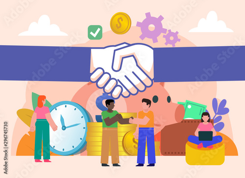 Successful, profitable business deal, agreement. Secure deposit, savings growth. Group of people stand near big piggy bank, money, cash. Flat design vector illustration